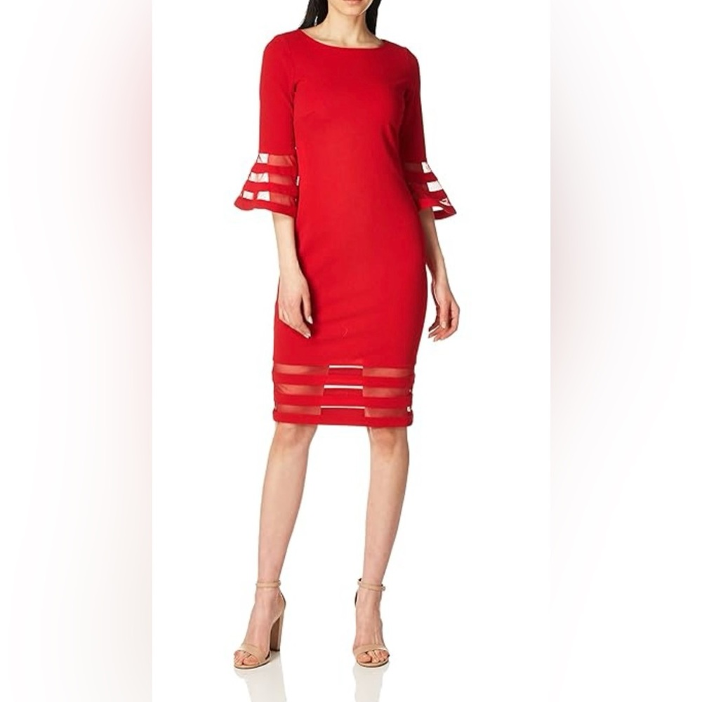 Red Calvin Klein Bell Sleeves Sheath Dress w/Mesh